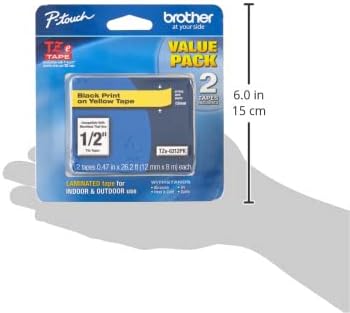 Brother Genuine P-Touch, TZe-6312Pk Tape ½” (12mm) 2-Pack Laminated P-Touch Tape, Black On Yellow Perfect for Indoor Or Outdoor Use, Water Resistant, 26.2 Ft. (8M)