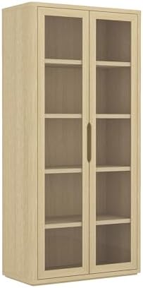 Manhattan Comfort Rivington 5-Shelf Bookshelf with Soft Close Glass Door, 79" Tall Bookcase Handle-Free, Adjustable Shelves, Storage Cabinet for Living Room, Bedroom, or Office Set of 2 in Natural Oak