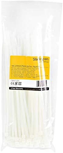 StarTech.com 10"(25cm) Cable Ties - 1/8"(4mm) wide, 2-5/8"(68mm) Bundle Diameter, 50lb(22kg) Tensile Strength, Nylon Self Locking Zip Ties w/Curved Tip - 94V-2/UL Listed, 100 Pack - White, TAA
