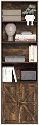 Furinno Jensen Book Shelf, 6-Tier Farmhouse Bookshelf, Display Bookcase with Doors, 9.2" x 21.6" x 71.2", for Organization and Storage, for Living Room, Bedroom, Home Office, Amber Pine