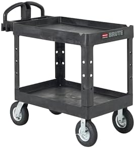 Rubbermaid Commercial Products BRUTE Heavy Duty 2-Shelf Utility/Service Cart, Medium, Lipped Shelves, Ergonomic Handle, Pneumatic Casters, 500 lb Capacity, Black, for Warehouse/Garage/Cleaning/Office