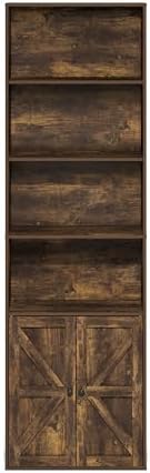 Furinno Jensen Book Shelf, 6-Tier Farmhouse Bookshelf, Display Bookcase with Doors, 9.2" x 21.6" x 71.2", for Organization and Storage, for Living Room, Bedroom, Home Office, Amber Pine