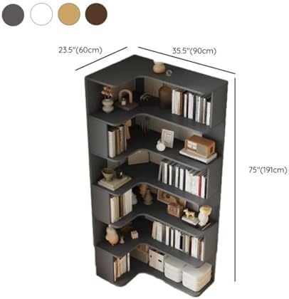 Vertical L-Shape Storage with Open Back 6 Shelves Corner Bookshelf Wood Floor Rack Student Integrated Wall Bookcase Corner Cabinet Multi-layer Storage Cabinet Dark Walnut 24"L x 35"W x 75"H