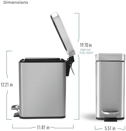 Home Zone Living 2-Pack 1.3 Gallon Small Bathroom Trash Can with Lid and Step Pedal, Stainless Steel Wastebasket with Slim Design for Home and Office, Silver, 5 Liters