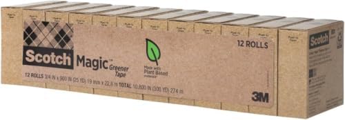 Scotch Magic Greener Tape, 12 Rolls, Numerous Applications, Invisible, Engineered for Repairing, 34 x 900 Inches, Boxed (Pack of 12)