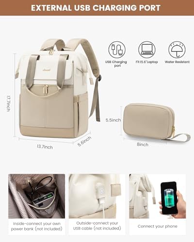 LOVEVOOK Laptop Backpack for Women with Giant Tumbler Holder, 17.3 Inch Work Laptop Bag with USB Port, Fashion Teacher Nurse Backpack Purse, Waterproof Travel Computer Backpack, 2PCS, Beige-Light Grey