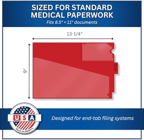 Doctor Stuff - Center Tab Vinyl Out Guides, Diagonal Cut Front Pocket, Top Charge Out Slip Pocket, Plastic File Folder, Letter Size 9" x 13-1/4", Red, 100/Box