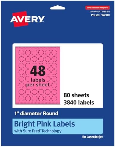 Avery® Printable Round Labels, Sure Feed® Technology, 1" Diameter, Bright Pink Labels, Print-to-the-Edge, Laser/Inkjet, 3,840 Total, Great for Price Stickers and Mailing Seals
