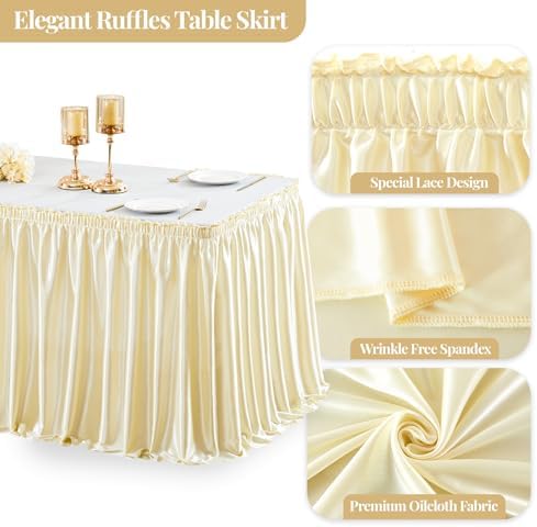 Wish Care 17ft Champagne Satin Long Table Skirt for Rectangle Tables Wrinkle Free Teacher Desk Skirt Glitter Ruffle Table Skirting Cloth for Back to School Classroom Office Birthday Party Table Decor