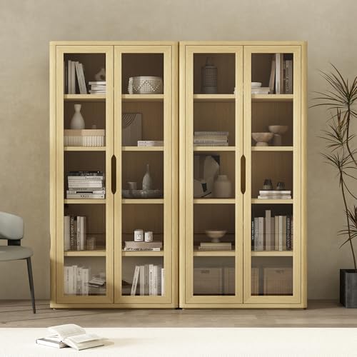 Manhattan Comfort Rivington 5-Shelf Bookshelf with Soft Close Glass Door, 79" Tall Bookcase Handle-Free, Adjustable Shelves, Storage Cabinet for Living Room, Bedroom, or Office Set of 2 in Natural Oak