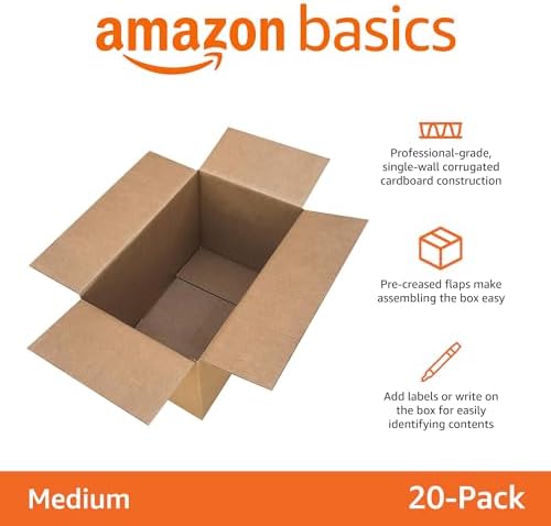 Amazon Basics Cardboard Moving Boxes, Medium 18" x 14" x 12", Brown, 20-Pack
