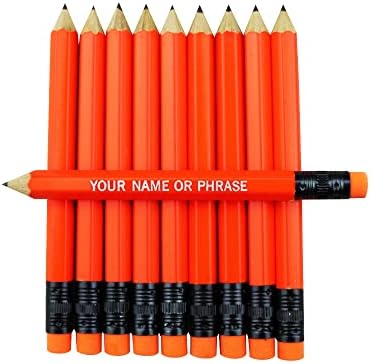 EZPENCILS & GIFTS - Golf Pencils Tipped with Eraser (1/2 a Pencil - Pew Pencils) - Neon Orange Colored Barrel - FREE-PERSONALIZATION - 2HB Black Lead - Custom Text - Non-Smear Eraser – Package of 10