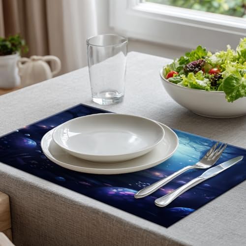 Batmerry Night Forest Glowing Elements Linen Placemats Set of 8, Mysterious Night Forest Scene Washable Table Mats for Kitchen Table Thickened Heat Insulation Dining Set Indoor Outdoor 12X18 in