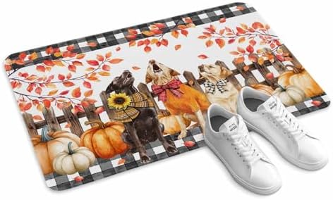 Fall Door Mat Orange Pumpkin Dog Doormat Bow Puppy Maple Leaves Fence Plaid Harvest Thanksgiving Welcome Mat Non Slip Entryway Front Rug Floor Mat for Indoor Outdoor Kitchen Autumn Holiday Decor 16x24