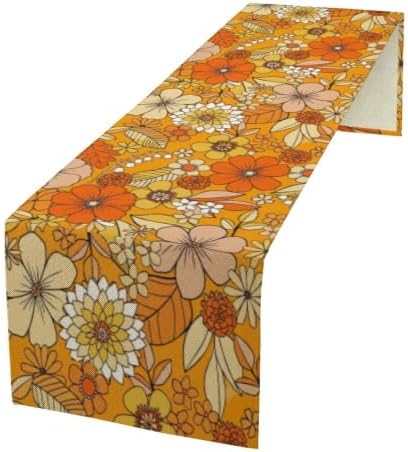 Floral Table Runner Retro 70s Hippie Daisy Flower Peace Love Birthday Party Retro Kitchen Dinning Home Decoration 13x108 Inch