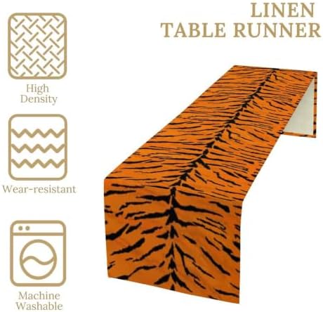 Vintage Tiger Print Table Runner, Rustic Cottage Country Farm Animal Fur Skin Pattern Western Style Black Brown Print Dinner Runner for Home Kitchen Dining Table Decoration 13x90 Inch