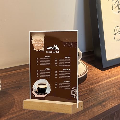 TONICE 5x7 Acrylic Sign Holder with Wood Base 6 Pack L/T Shape Vertical or Slant Back Display for Wedding, Restaurant, Store, Office, Hotel