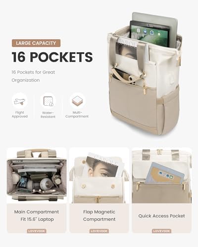 LOVEVOOK Laptop Backpack for Women with Giant Tumbler Holder, 17.3 Inch Work Laptop Bag with USB Port, Fashion Teacher Nurse Backpack Purse, Waterproof Travel Computer Backpack, 2PCS, Beige-Light Grey
