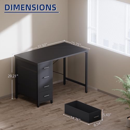 Pamray 32 Inch Computer Desk with 4 Drawers Small Office Desk for Home Bedroom Study Writing Simple Modern Computer Table Black