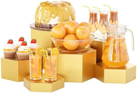 Metal Buffet Risers,6PCS Hexagonal Jewelry Display Risers 2.76 in to 4.02 in Market Display Stands Metal Showcase for Catering Dessert Figures Decoration (Gold, 2.76IN to 4.02IN)