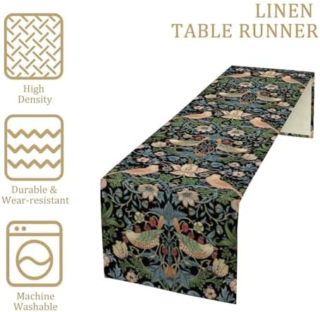William Morris Floral Table Runner, Strawberry Thief Birds in Green and Blue Table Runner for Home Kitchen Dining Table Decoration,13x120 Inch
