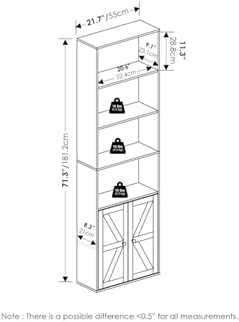 Furinno Jensen 6-Tier Farmhouse Style Book Shelf with Doors, Plain White
