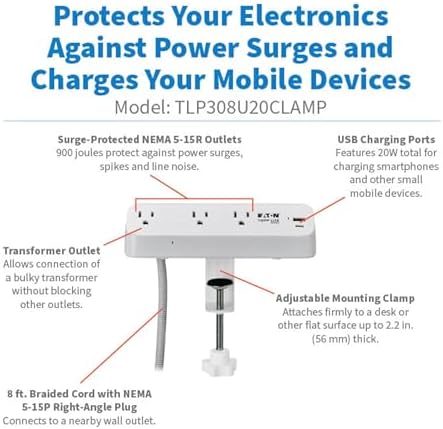Eaton Tripp Lite Series Desk Clamp Power Strip Surge Protector, 3-Outlets, USB-A & USB-C Charging Ports, 900 Joules, 8ft Braided Flat Extension Cord, Lifetime Manufacturer's Warranty (TLP308U20CLAMP)