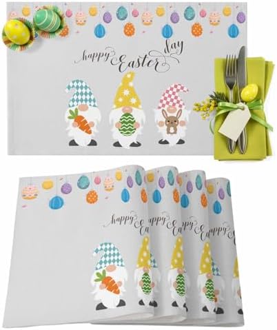 Vandarllin Happy Easter Gnomes Placemats Set of 6,Heat Resistant Cotton Linen,Carrrot Rabbit Bunny Colorful Eggs Table Mats Washable Spring Holidays Placemat Decoration for Kitchen Dining Table