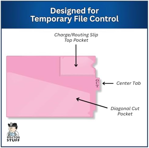 Doctor Stuff - Center Tab Vinyl Out Guides, Diagonal Cut Front Pocket, Top Charge Out Slip Pocket, Plastic File Folder, Letter Size 9" x 13-1/4", Pink, 100/Box