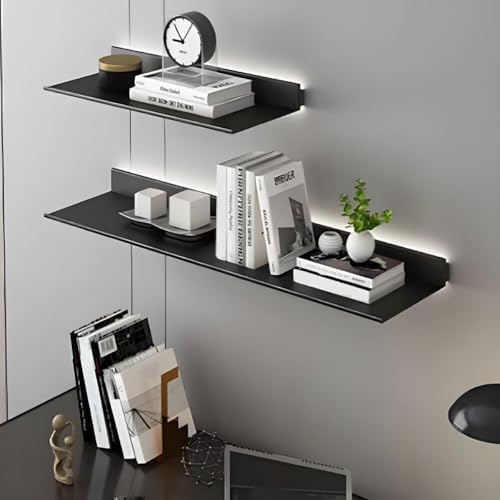 Modern Metal Bookcase Wall Mounted Floating Bookshelf Aluminum Alloy Storage Shelf, Display L-shaped Bookshelf Wall-mounted Rack (Without Lights) Partition Shelf Black 35.4"L x 9.1"W x 2.9"H