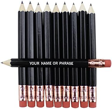 EZPENCILS & GIFTS - Golf Pencils Tipped with Eraser (1/2 a Pencil - Pew Pencils) - Black Colored Barrel - FREE-PERSONALIZATION - 2HB Black Lead - Custom Text - Non-Smear Eraser – Package of 30