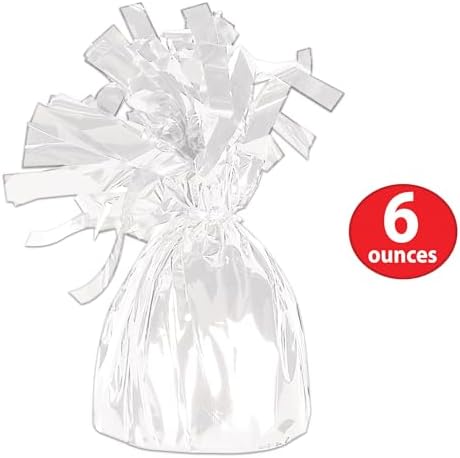 Beistle White Metallic Plastic Wrapped Balloon Weights For Birthday Parties, Weddings, Anniversaries, Table Décor, Celebrating With You Since 1900, 5.5" x 2.5", 6 Piece