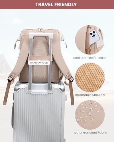LOVEVOOK Laptop Backpack for Women with Giant Tumbler Holder, 15.6 Inch Work Laptop Bag with USB Port, Fashion Teacher Nurse Backpack Purse, Waterproof Travel Computer Backpack, 2PCS, Beige-Khaki
