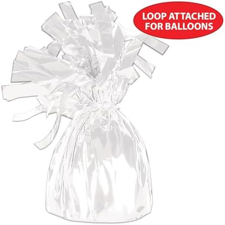 Beistle White Metallic Plastic Wrapped Balloon Weights For Birthday Parties, Weddings, Anniversaries, Table Décor, Celebrating With You Since 1900, 5.5" x 2.5", 6 Piece