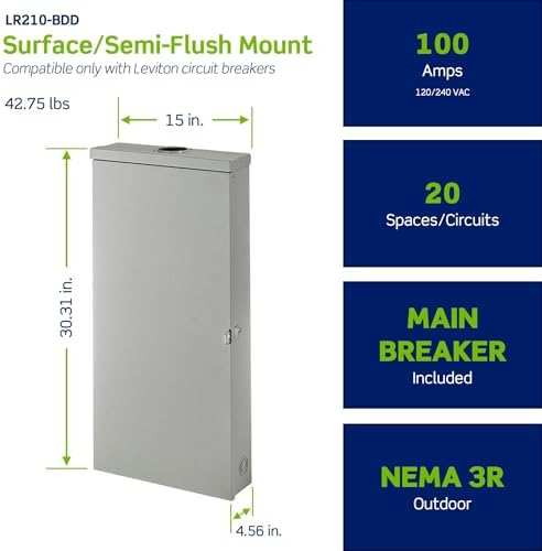 Leviton 20 Space Outdoor Load Center with 100A Main Circuit Breaker, LR210-BDD