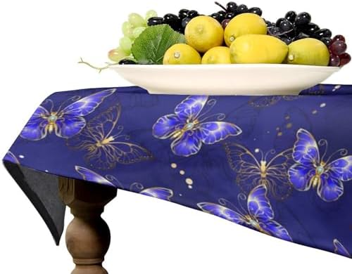 Dark Purple Butterfly Tablecloth, Luxury Golden Blue Purple Butterfly Print Table Cloth for Outdoor Patio Party Picnic Wedding Indoor Kitchen Dinner Table Decor 55x55in