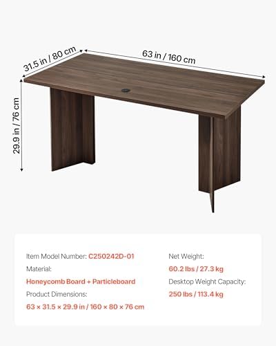 VEVOR 63 in Executive Desk, Large Modern Rectangle Office Table, Heavy Duty Wooden Executive Table with Cable Connection Hole, 250 LBS Load Capacity, Easy Assembly, for Work Study Writing, Walnut