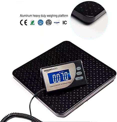 Amazon Basics Digital Postal Scale with Tare Function, Heavy Duty, Aluminium Platform, 440 lb Capacity, Digital Shipping, Portable, Black