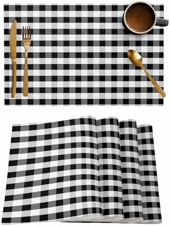 Rustic Black White Buffalo Check Plaid Pattern Placemats Set of 4, Farmhouse Heat Resistant Washable Table Place Mats Cotton Table Linens Party Holiday Decor for Kitchen Dining Outdoor Indoor