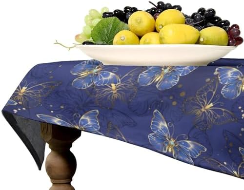 Retro Blue Butterfly Tablecloth, Luxury Golden Blue Butterfly Print Table Cover for Home Dining Decor Kitchen Party Outdoor 55x75in