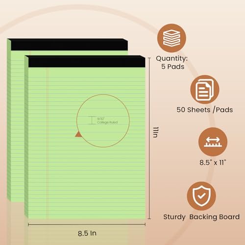5pcs Legal Pads 8.5 x 11, Perforated Color Notepad 8.5x11, 50Sheets/Pad
