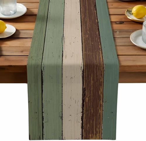 Green Brown Wood Grain Table Runner Dresser Scarf 13 x 36 Inch Vintage Mottled Board Striped Farm Table Runners Non-Slip Heat Resistant Kitchen Dining Table Decor for Home Holidays Indoor Outdoor