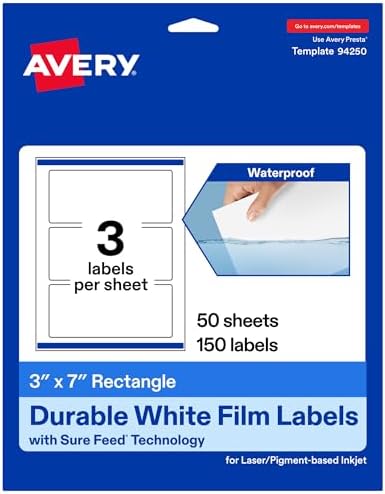 Avery Printable Durable White Rectangle Labels, Sure Feed Technology, 3" x 7", Print-to-the-Edge, Waterproof Labels, Laser & Pigment-Based Inkjet Compatible, 150 Total