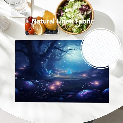 Batmerry Night Forest Glowing Elements Linen Placemats Set of 6, Mysterious Night Forest Scene Washable Table Mats for Kitchen Table Thickened Heat Insulation Dining Set Indoor Outdoor 12X18 in