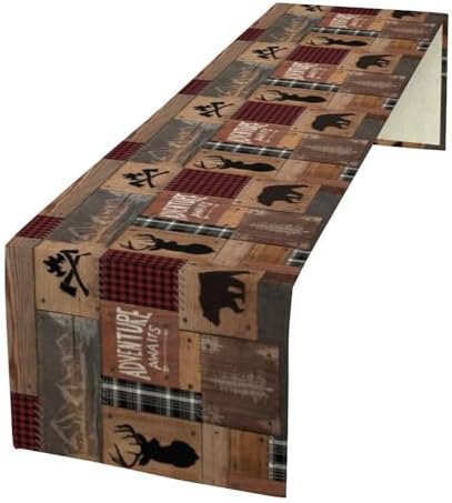 Rustic Cabin Moose Deer Bear Table Runner, Retro Bear Cottage Country Style Cabin Farmhouse Dinner Runner for Home Kitchen Dining Table Decoration 13"x70"