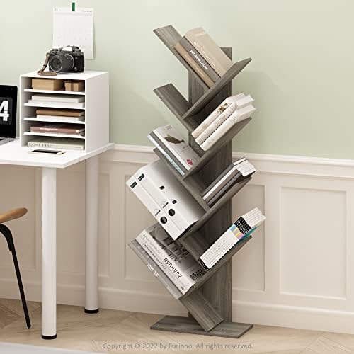 Furinno TREE Book Shelf, 9-Tier Bookshelf, Tree Bookcase with Angled Open Shelf, 8.4 x 15.7 x 50.9, Corner Shelf for Room Decor, for Living Room, Bedroom, Home Office, French Oak