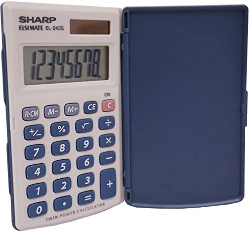 Sharp 8-Digit Pocket Calculator, LCD Display with Hinged Hard Cover, Dual-Power Handheld Simple Calculator, 2.5 x 4.5-Inches, Gray and Blue (EL-243SB)