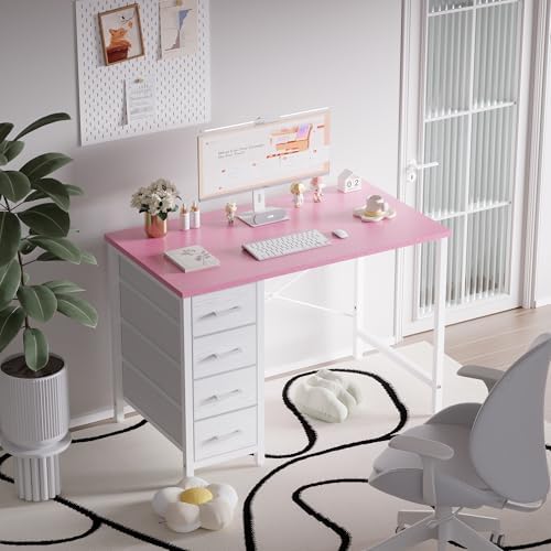 Pamray 32 Inch Computer Desk with 4 Drawers Small Office Desk for Home Bedroom Study Writing Simple Modern Computer Table Pink