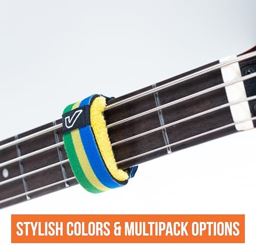 Gruv Gear Fret Wrap & Guitar Mute, Fretwrap for Acoustic, Electric & Bass | String Dampener Recording, Tapping & Practice Accessory (1 Pack, Small Green/Yellow/Blue, Fits 4 String Bass, 6 String