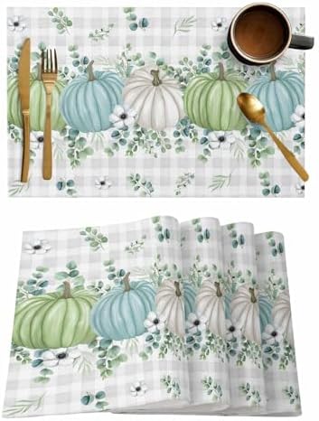 Fall Thanksgiving Placemats Set of 4, Autumn Pumpkins Eucalyptus Leaves Heat Resistant Dining Table Mats Fall Holiday Farmhouse Decor for Kitchen&Linens Outdoor Indoor, White Blue Green Gray Plaid